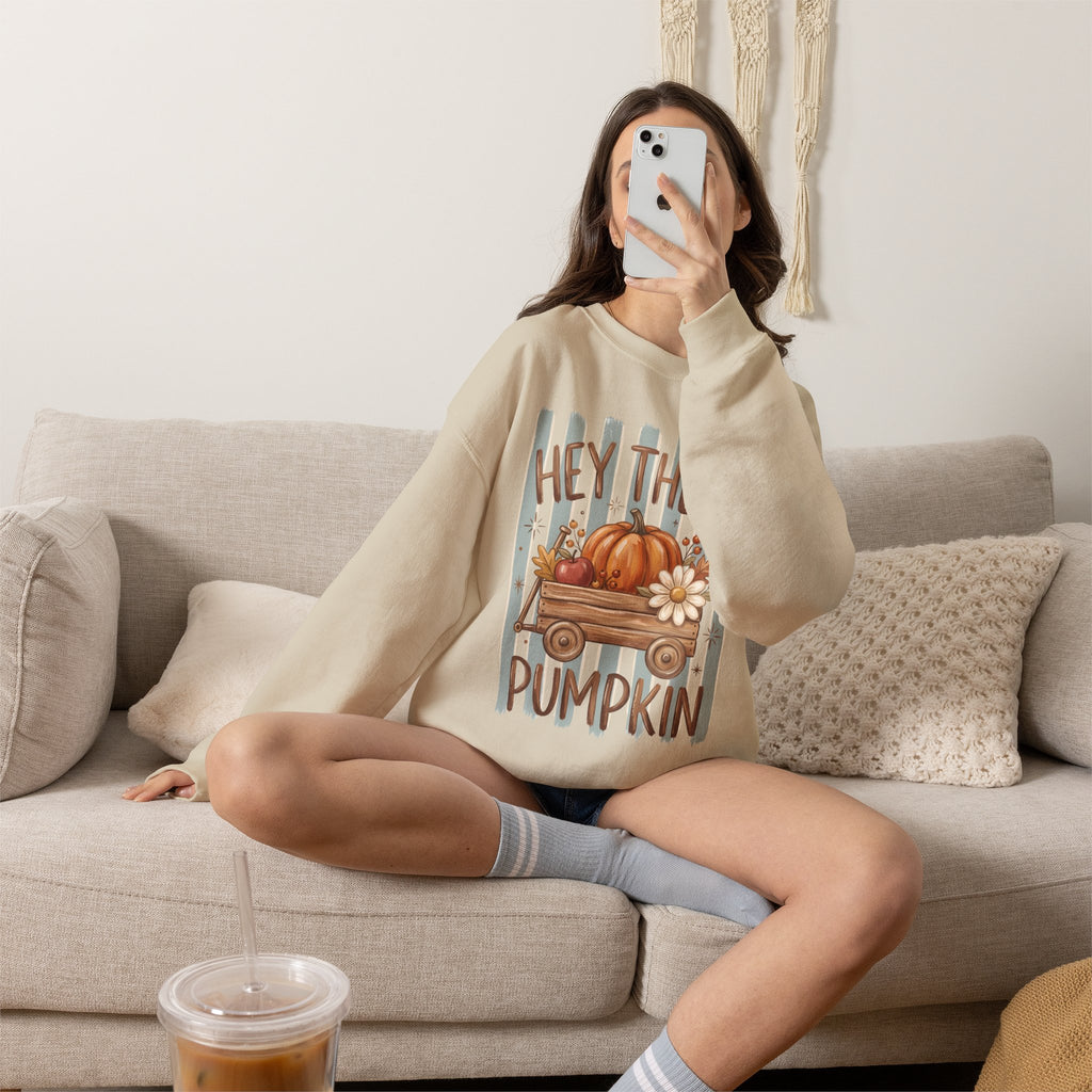 Hey There Pumpkin Crewneck Sweatshirt | Fall Pumpkin Wagon Design
