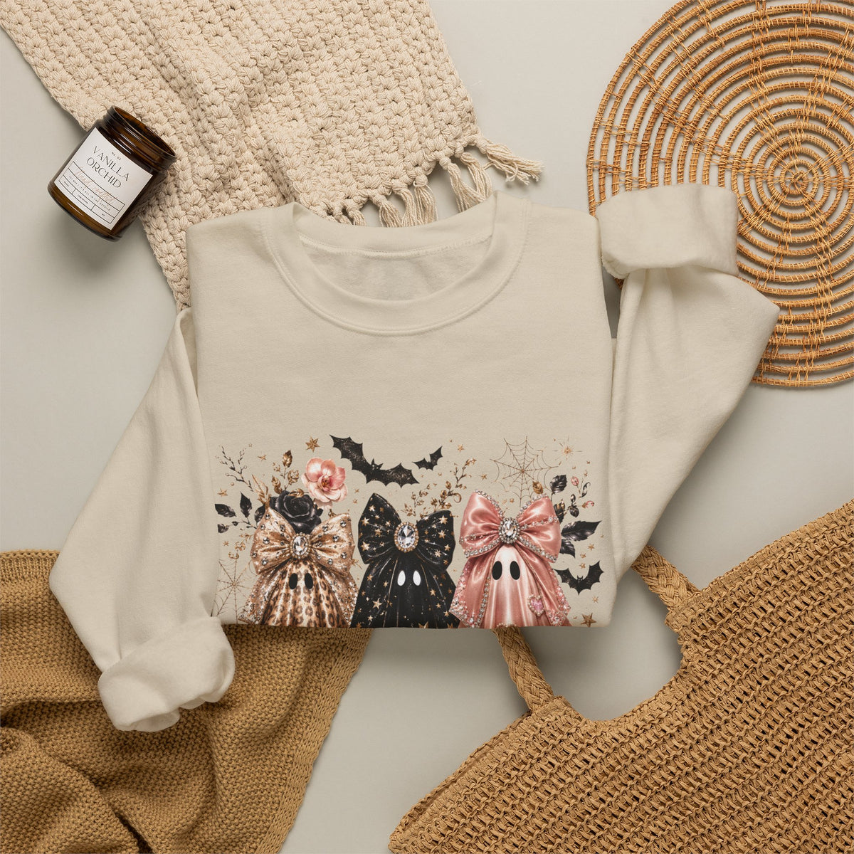 Ghost Trio Crewneck Sweatshirt — Vintage Floral Halloween Ghosts