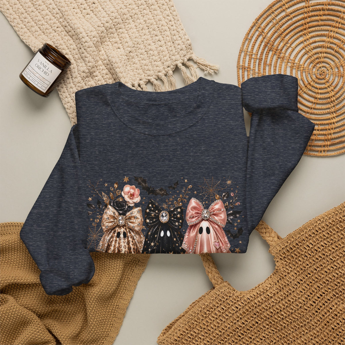 Ghost Trio Crewneck Sweatshirt — Vintage Floral Halloween Ghosts