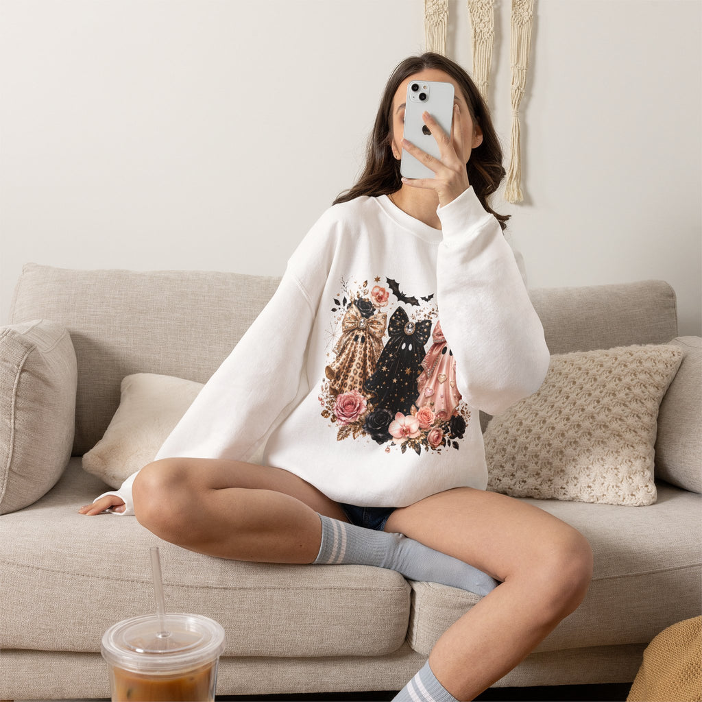 Ghost Trio Crewneck Sweatshirt — Vintage Floral Halloween Ghosts
