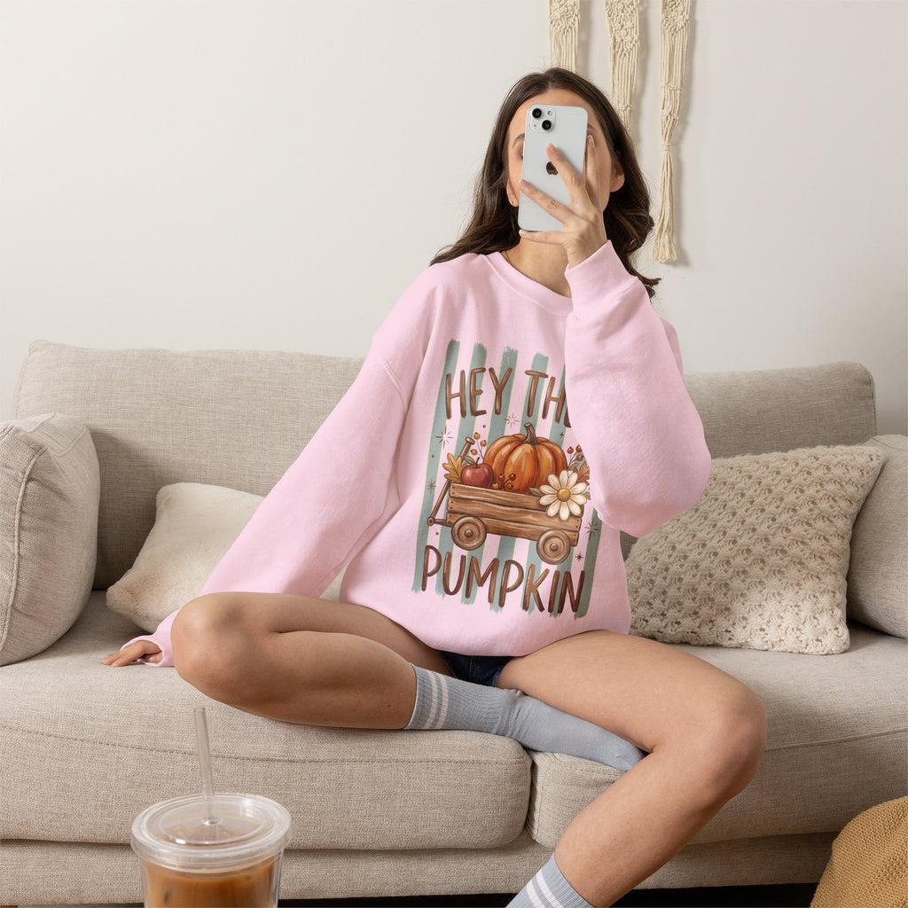 Hey There Pumpkin Crewneck Sweatshirt | Fall Pumpkin Wagon Design