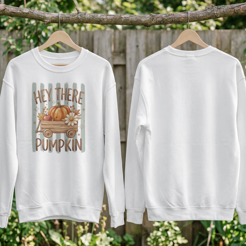 Hey There Pumpkin Crewneck Sweatshirt | Fall Pumpkin Wagon Design