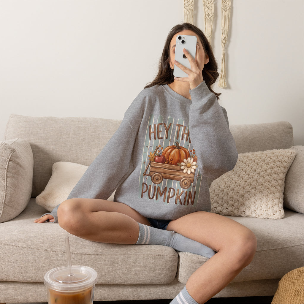 Hey There Pumpkin Crewneck Sweatshirt | Fall Pumpkin Wagon Design