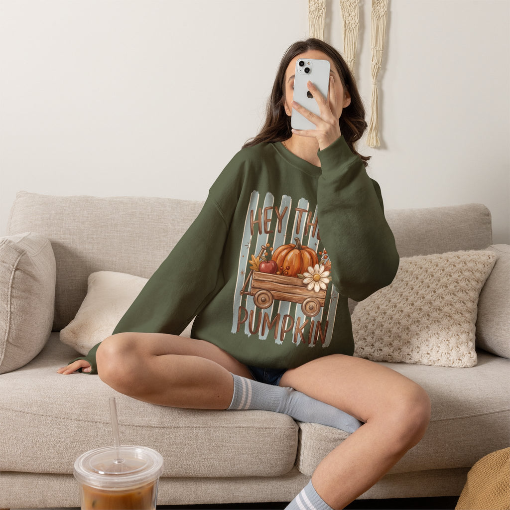 Hey There Pumpkin Crewneck Sweatshirt | Fall Pumpkin Wagon Design