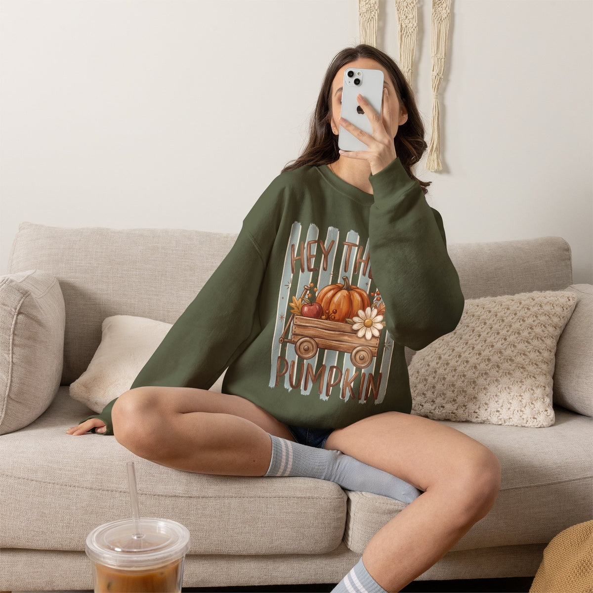 Hey There Pumpkin Crewneck Sweatshirt | Fall Pumpkin Wagon Design