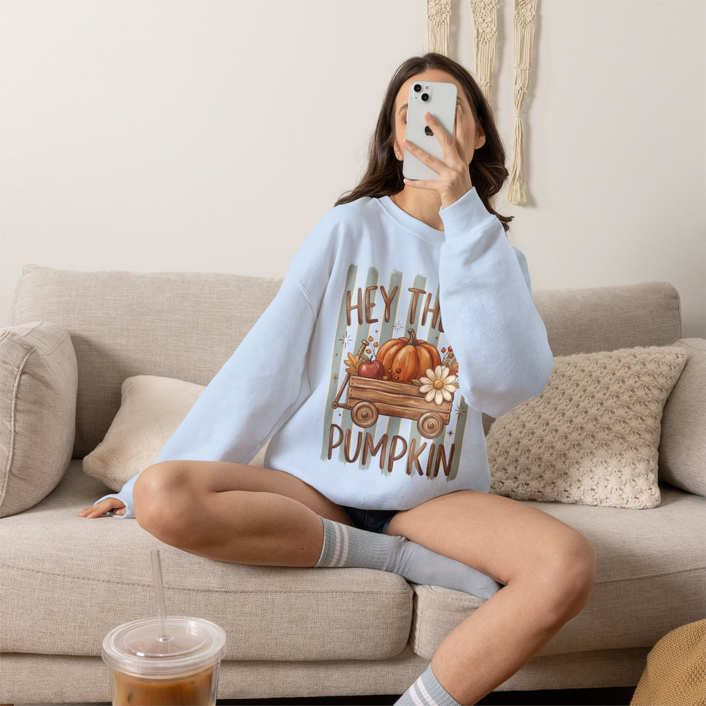 Hey There Pumpkin Crewneck Sweatshirt | Fall Pumpkin Wagon Design
