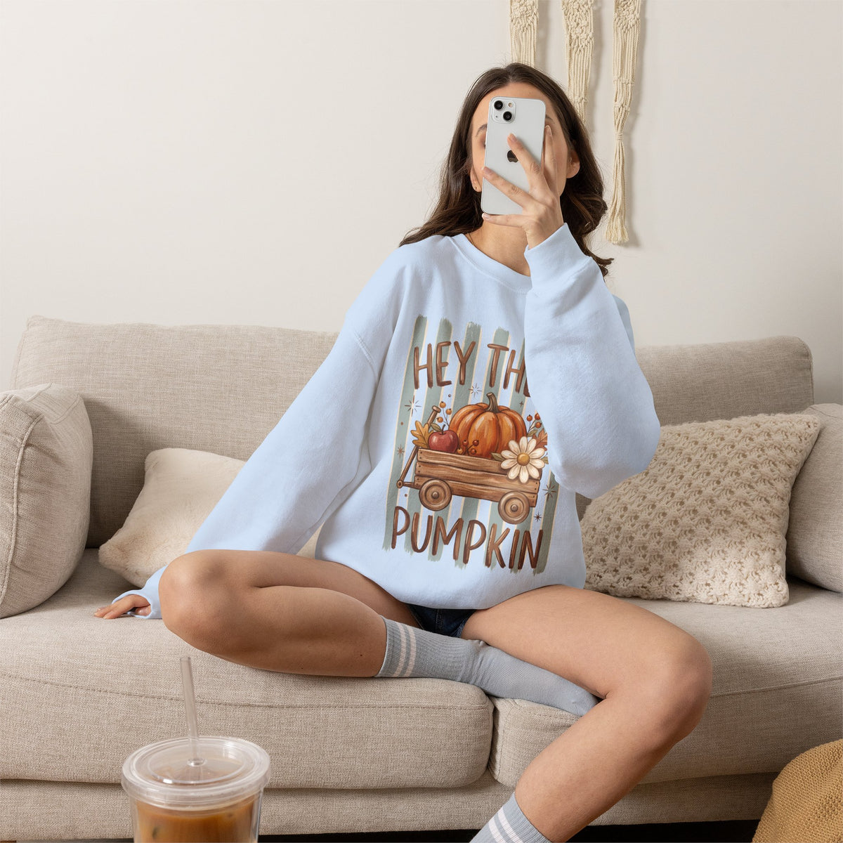 Hey There Pumpkin Crewneck Sweatshirt | Fall Pumpkin Wagon Design