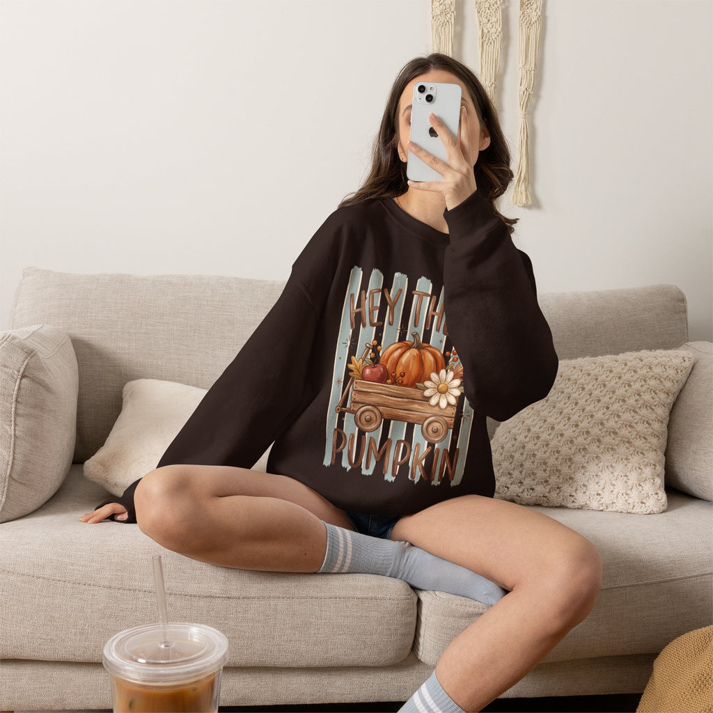 Hey There Pumpkin Crewneck Sweatshirt | Fall Pumpkin Wagon Design