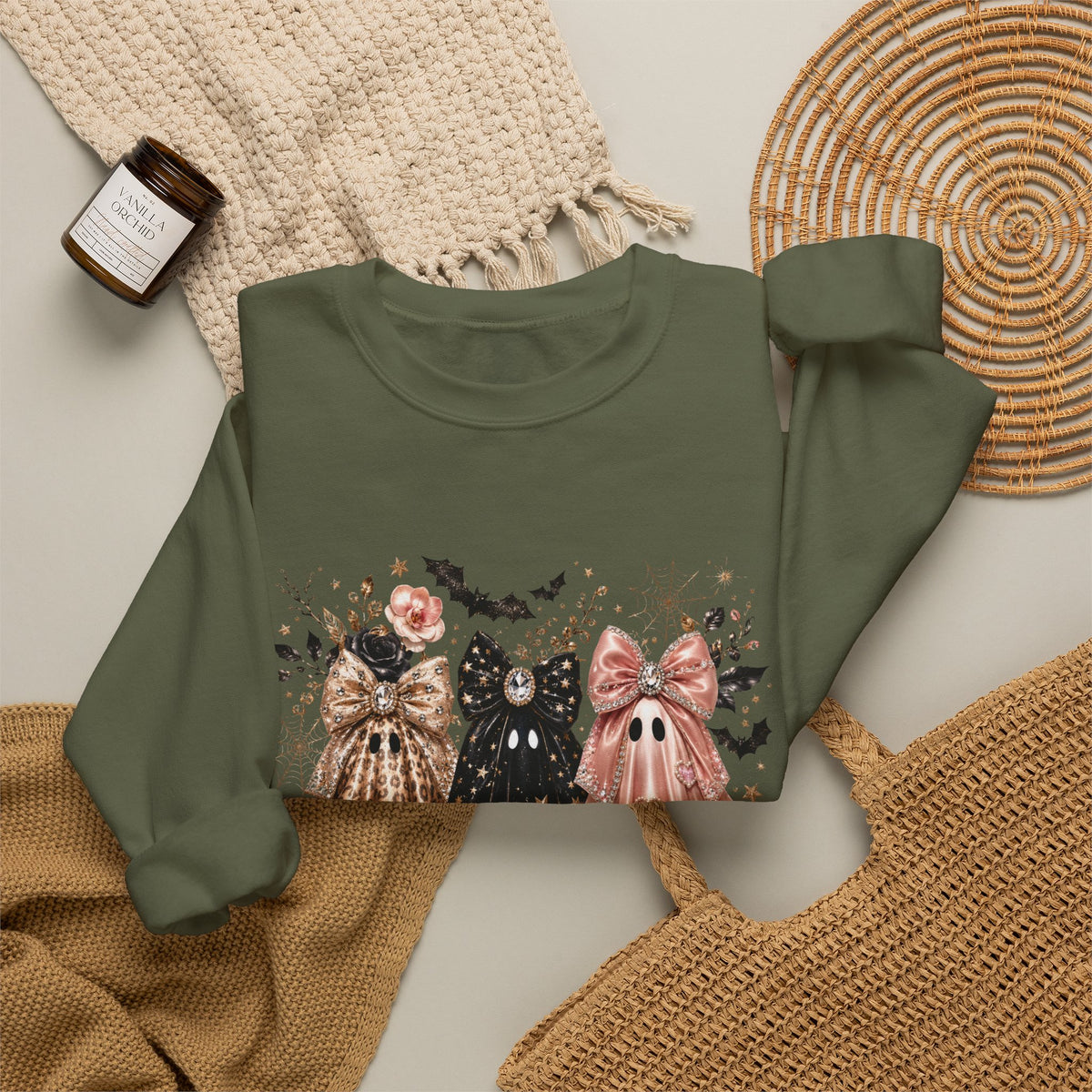 Ghost Trio Crewneck Sweatshirt — Vintage Floral Halloween Ghosts